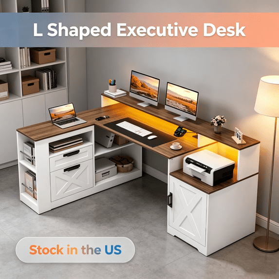 Sioweci 63" L Shaped Executive Desk with Printer Space,Corner Computer Desk with Power Outlets,Drawers & Adjustable File Cabnet,L Shaped Office Desk with Monitor Stand