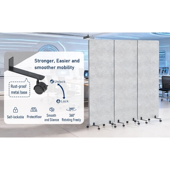 Sioweci 72x66in 3 Panel Soundproof Room Divider with Lockable Wheels,Rolling Office Divider Room Separator,Freestanding Folding Partition Privacy Screen,Light Grey