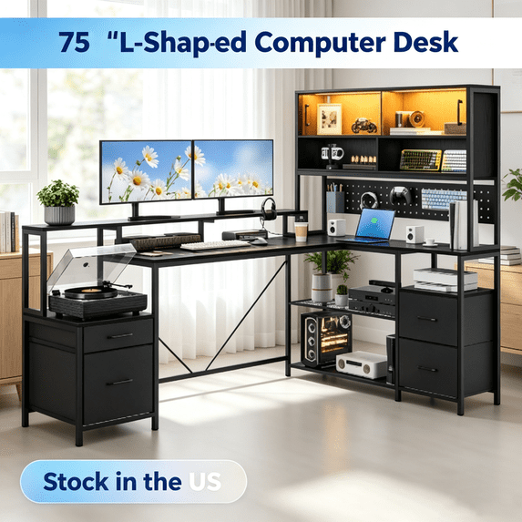 Sioweci 75" Farmhouse L Shaped Gaming Desk with Drawers, Bookshelf Storage | Computer Desk with Storage Shelves and Power Outlet, Corner Gaming Desk with LED Light and Display Cabinet for Home Office