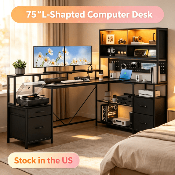 Sioweci 75" L Shaped Gaming Desk with Fabric Drawers & Shelves,Easy to Assemble Computer Desk with LED Lights, Power Outlet and PC Stand,Home Office Desk for Gaming Room Bedroom,Black