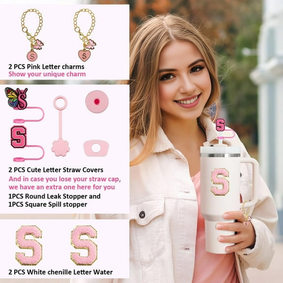 Sioweci 9Pcs Cup Accessories Set for 30oz 40oz Cup Personalize Your Tumbler with Silicone Straw Caps Letter Pendants Spill Stoppers Handle Charm Stickers Gift for Customizing Cups Style S