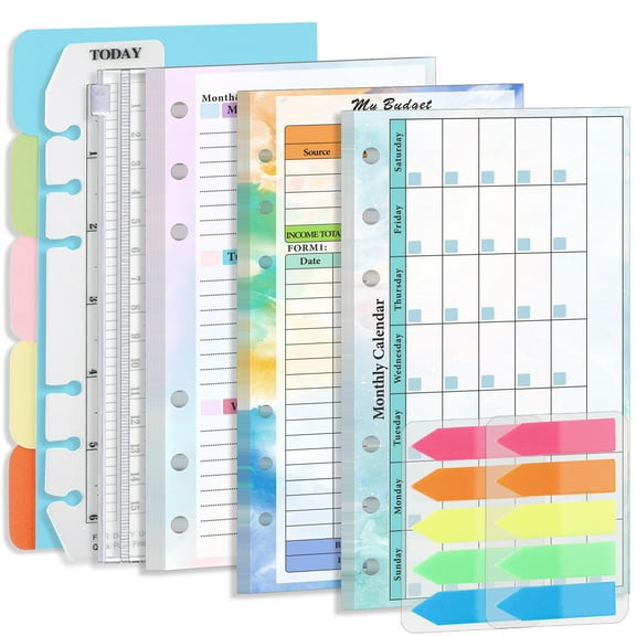 Sioweci A6 Budget Planner Refill Kit 82 Sheet 2024 Colorful Monthly Weekly Planner Calendar Inserts 6 Hole Expense Budget Loose-leaf Notebook Replacement Core Accessory Kit Style B
