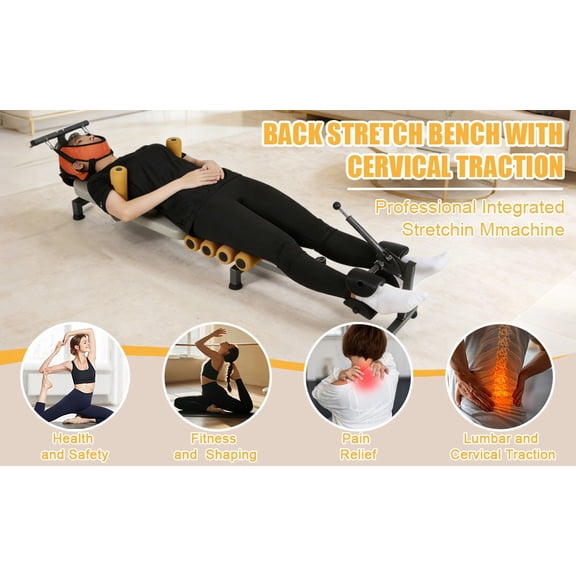 Sioweci Adjustable Back Stretch Bench with Cervical Traction, Spine Decompression Table for Home Gym, Lumbar Stretcher with Foam Rollers, Heavy Duty 330lbs Load Capacity