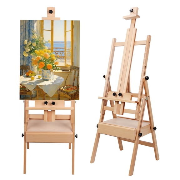 Sioweci Adjustable H Frame Artist Easel, Solid Beech Wood Painting Stand, Height & Angle Adjustable, Tilts Flat with Storage Drawer, Non-Slip Stable Art Easel,1Pc