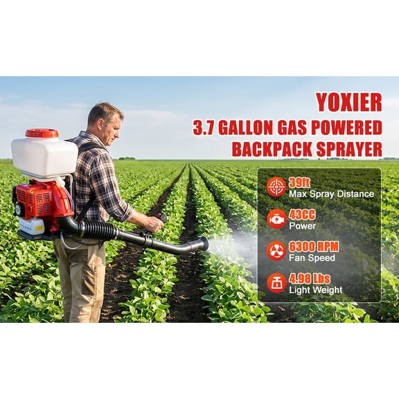 Sioweci Backpack Gas Powered Sprayer Duster with 3.7 Gallon Large Tank,43cc 2HP Engine Liquid Atomization Sprayer Multifunctional Sprayer,Adjustable Spray & Powder Modes,Red
