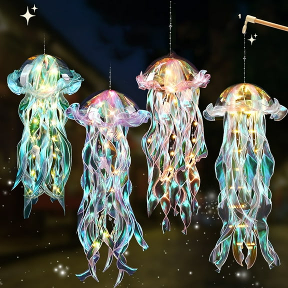 Sioweci Colorful Jellyfish Lamp with Long Lace Ribbon Portable Jellyfish Lantern with Handle LED Nigh Light Decoration for Bedroom Garden Porch Wedding Holiday Party Hanging Lamp Ocean Decor White