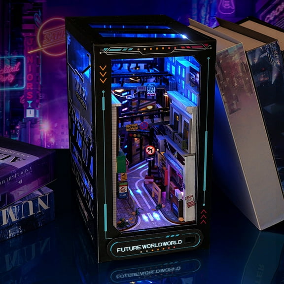 Sioweci DIY Book Nook Kit with Light Cyberpunk 3D Street View Model Miniature House Bookshelf Insert Decoration Future World Puzzle Building Dollhouse Kids Adults Girls Gift Blue