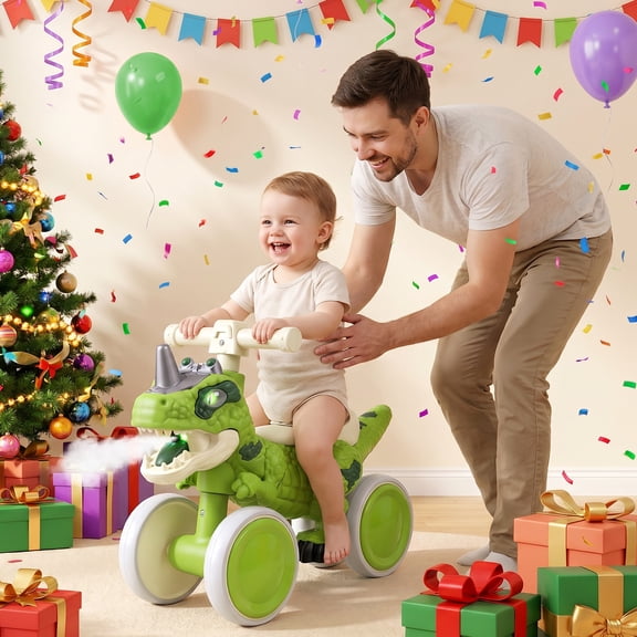 Sioweci Dinosaur Balance Bike for 1-3 Year Olds,Dinosaur Ride on Toy Toddler 4-Wheel Walker Scooter with Music & Mist Spray Effects, No-Pedal Training Bike, Birthday Gifts,Green