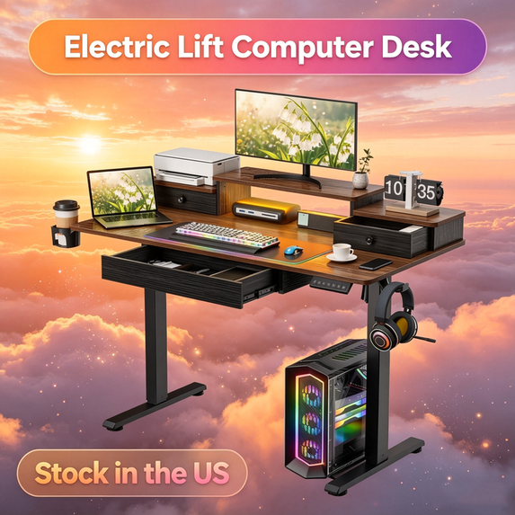 Sioweci Electric Standing Desk Adjustable Height - 48 Inch Sit Stand Desk with Storage Drawers , Small Standing Desks with Shelf Monitor Stand, Kids Computer Desks for Home Office, Rustic Brown