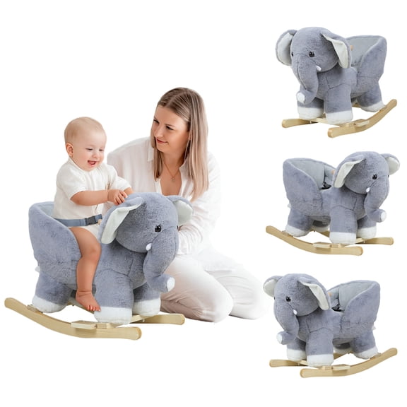 Sioweci Elephant Baby Rocking Horse, Stuffed Plush Ride-on Rocker with Music Sound, Soft Toddler Rocking Chair Toy for 1-3 Years, Safe Wooden Base & Safety Belt