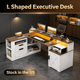 thumbnail image 1 of Sioweci Farmhouse 63" L Shaped Standing Desk, Corner Computer Desk with Drawers, Office Desk with File Drawers with Charging Station, Monitor Stand and Storage Shelves, 1 of 11
