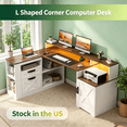thumbnail image 1 of Sioweci Farmhouse L Shaped Executive Desk with 2 Drawers, Home Office Desk with Under-Desk Storage Shelf and Charging Station, File Cabinet Storage,Corner Computer Desk for Work(White Brown), 1 of 11