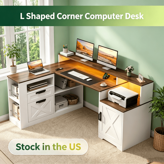 Sioweci Farmhouse L Shaped Executive Desk with 2 Drawers, Home Office Desk with Under-Desk Storage Shelf and Charging Station, File Cabinet Storage,Corner Computer Desk for Work(White Brown)