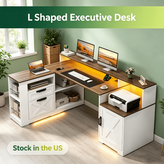 Sioweci Farmhouse L Shaped Standing Desk, 63" x 35" Height Adjustable Home Office Executive Desk with Drawers, Power Outlet, Monitor Stand, Sit Stand Table for Home Office