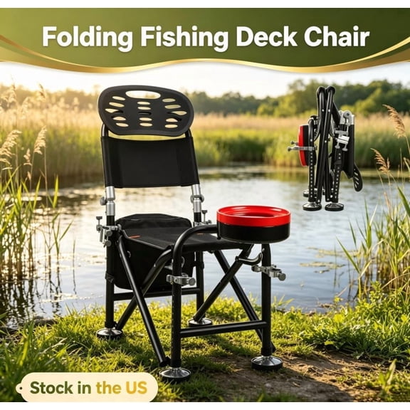 Sioweci Fishing Chair with Rod Holder,Adjustable Ice Fishing Chair with Backrest Folding Camping Chairs Rise Fall 21cm, Supports 300 lbs for Backpacking Hiking, Fishing,Black