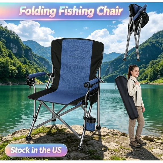Sioweci Fishing Chair with Rod Holder, Folding Ice Fishing Chairs for Adults, Portable Camping Chair with Side Pocket Cup Holder for Outdoor Sports Garden Beach Lawn Picnic,Black Blue