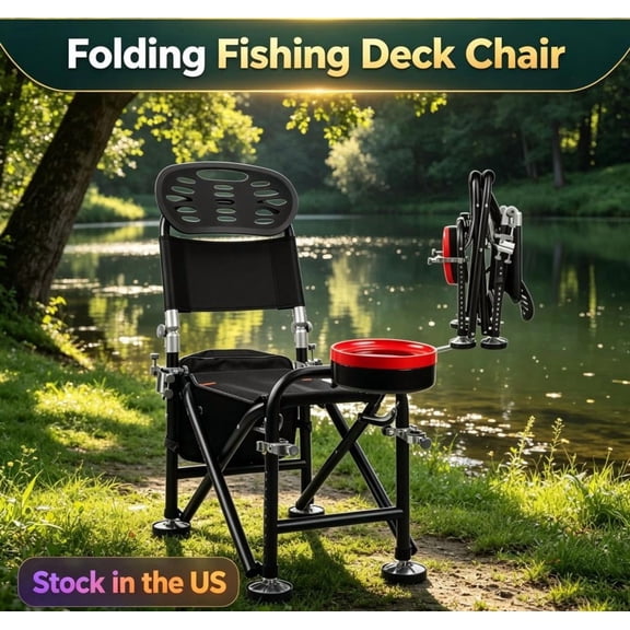 Sioweci Fishing Chairs for Adults, Folding Cooler Chair, Portable Fishing Chair with Bait Tray, Adjustment Fishing Chair with Backrest Rod Holder Folding Fishing Deck Chair,Black