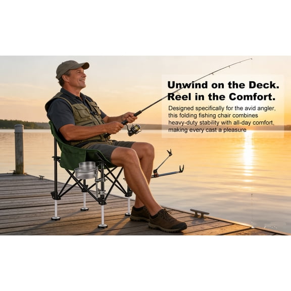 Sioweci Folding Fishing Chair with Rod Holder & Bait Tray,All-Terrain Portable Camping Chair with Storage Bag & Non-Slip Feet,Adjustable Height Fishing Seat,Supports 220 lbs,Green