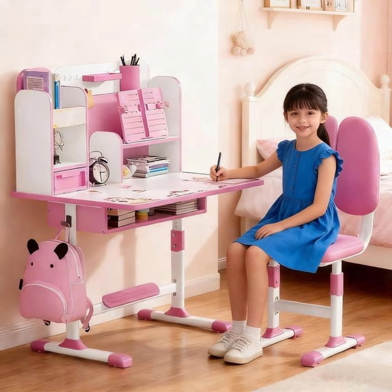Sioweci Height Adjustable Children's Desk and Chair Set with Storage Drawers for Children's Home and Bedroom Furniture, Divided, School Study Room, Good for Homework, Study, Gift,Pink 4