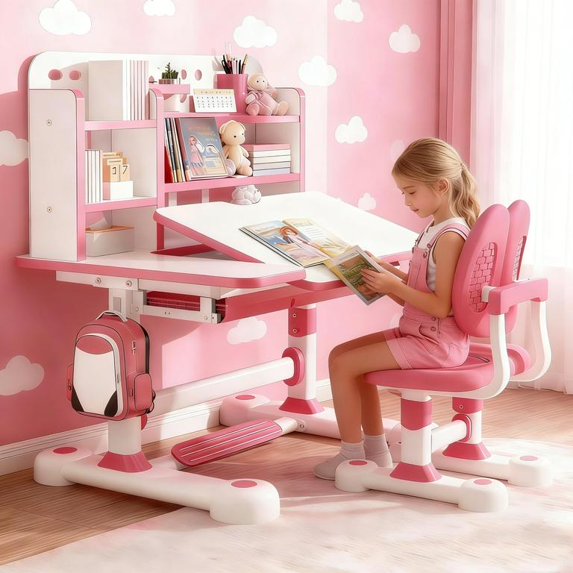 Sioweci Height Adjustable Children's Study Desk And Chair Set Toddler Learning Table and Stool Set with Bookshelf Storage Drawer 50-Degree Tiltable Desktop for Bedroom,Pink 5