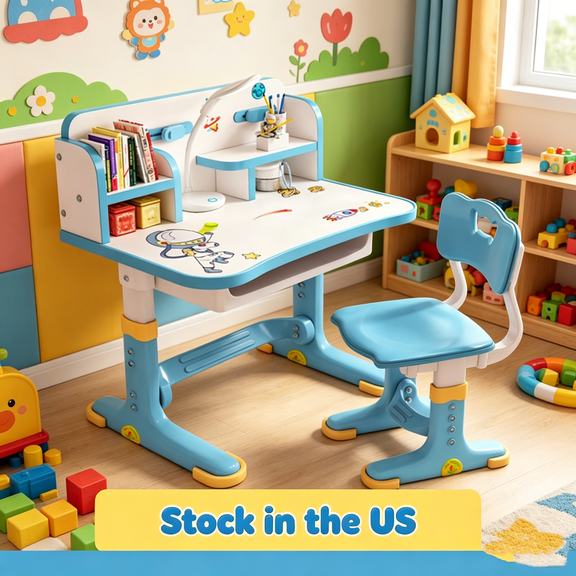 Sioweci Height Adjustable School Study Table,Kids Ergonomic Desk and Chair Set with Bookshelf, Drawer and Spine Support Backrest, Kids Desk and Chair for Bedroom&Study Room