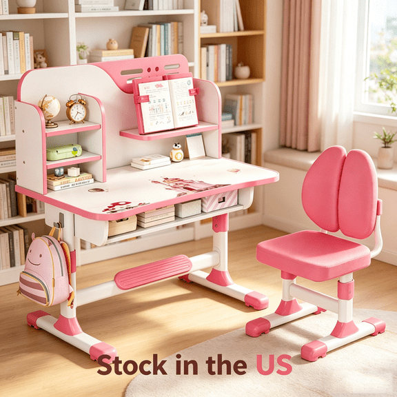 Sioweci Height Adjustable Study & Art Desk,Pink Kids Desk and Chair Set for Kids Ages 3-18,Easy Crank Adjustable Desk, Storage Drawer,Bookshelf,Ergonomic Chair