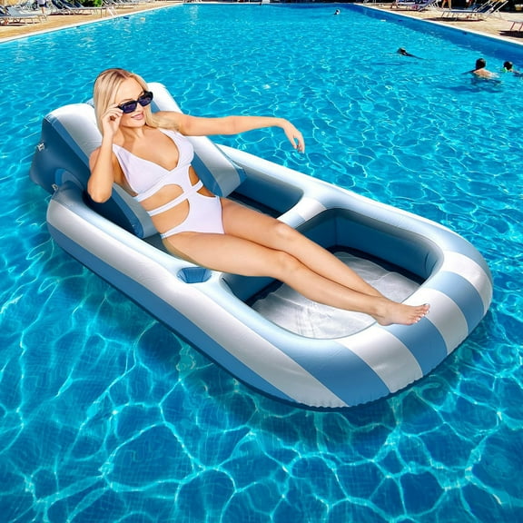 Sioweci Inflatable Lounger Float Pool Float with Backrest Cupholder Wear Resistant Extra Large Thick PVC Pool Float for Adult Blue