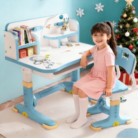 Sioweci Kids Adjustable Study Desk & Chair Set w/Storage,Drawers,Bookshelf,Child Toddler Writing Homework Table,Little Girl Work Computer Desk,Princess Preschool Desk (Blue 1)