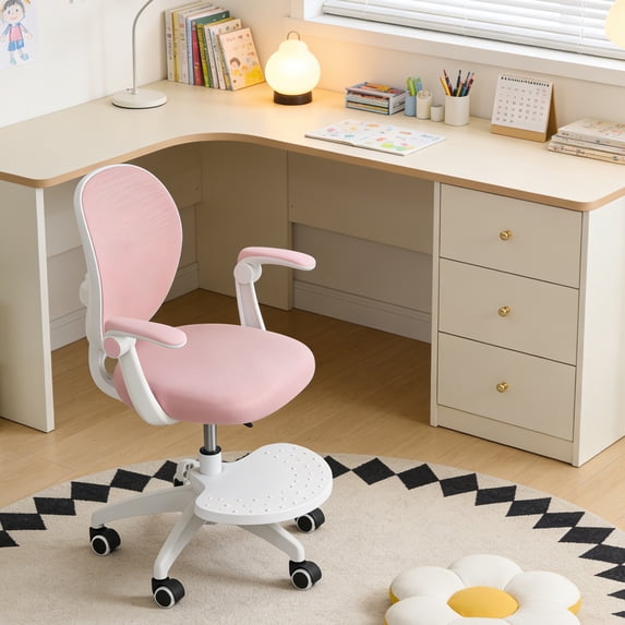 Sioweci Kids Computer Chair with Adjustable Footrest & Flip Armrest, Ergonomic Mesh Study Chair for Children, 360-Degrees Swivel Desk Chair for Home Bedroom Learning Room,Pink