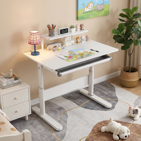 Sioweci Kids Desk with Bookshelf Hutch, Adjustable Height Child Computer Desk, Tilting Desktop Solid Wood Student Writing Table for Home School Study Room (39 Inch)