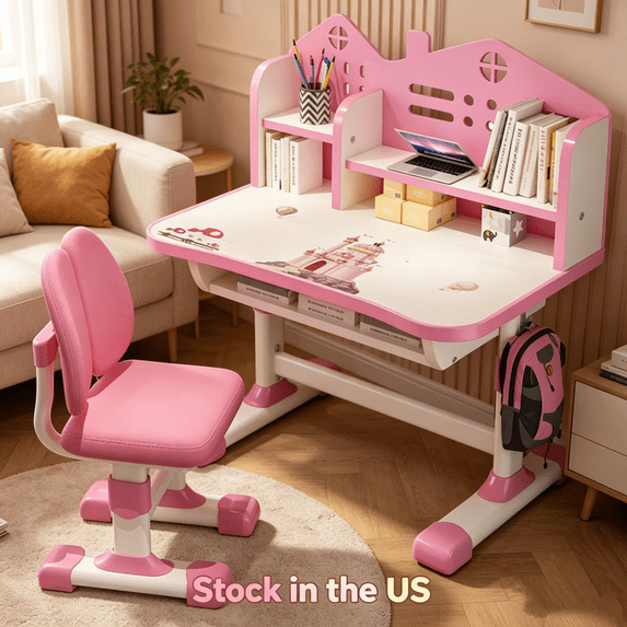 Sioweci Kids Desk and Chair Set,Height Adjustable Pink Desks for Kids,Kid Desk with Storage,Toddler Table Study Table with Bookshelf and Drawer for Boys and Girls (Pink)