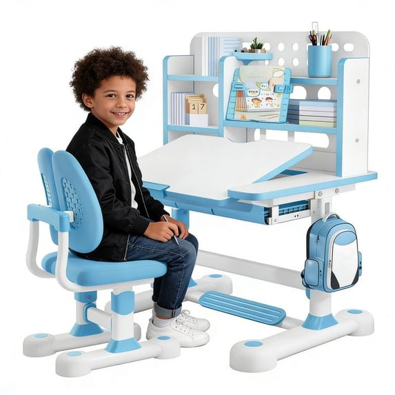 Sioweci Kids Desk and Chair Set,Ergonomic Height Adjustable Functional Desk for Kids with Tilting Desktop,Study Table with Storage Bookshelf