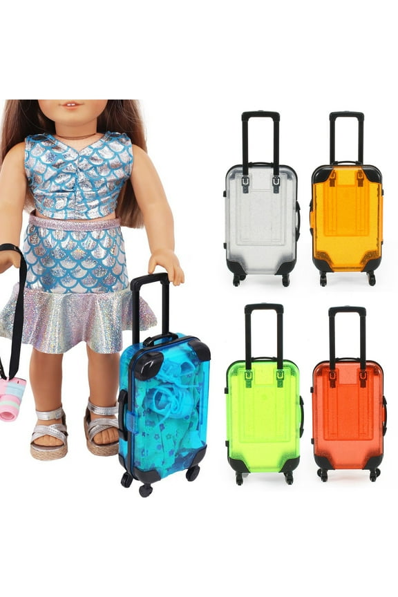 Kids Mini Luggage Toy with Retractable Handle Large Capacity Transparent 4 Spinner Wheels Cosmetics Snacks Storage Doll Travel Rolling Suitcase Blue