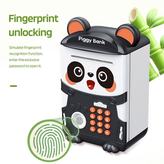 Sioweci Kids Panda Piggy Bank Auto-Roll Password Fingerprint Unlocking Battery Operated Electric Coin Cash ATM Machine Boys Girls Birthday Gift Panda