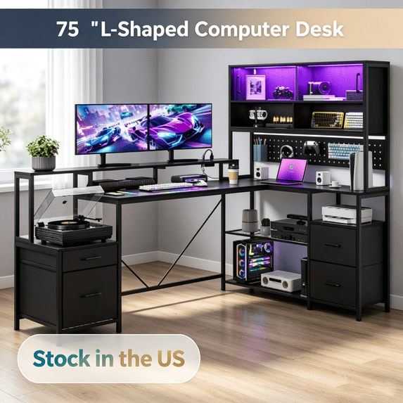 Sioweci L Shaped Corner Gaming Desk with Drawers, Led Lights | Corner Computer Desk with Fabric Drawers, Power Outlet, Hutch and Storage Shelf for Home Office, Black