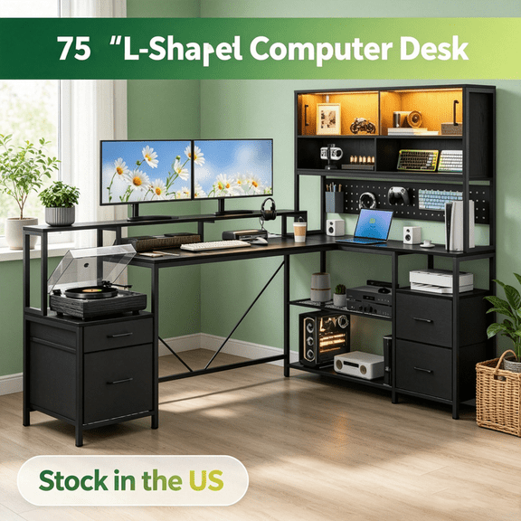 Sioweci L Shaped Desk with Hutch, Gaming Desk with Led Lights, Reversible Computer Desk with Power Outlet, Corner Desk with File Drawer & Monitor Stand, Storage Shelves for Home Office, Black
