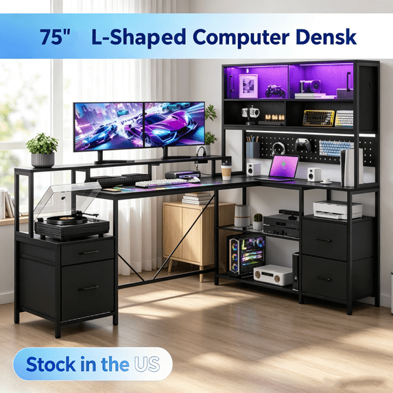Sioweci L Shaped Gaming Desk, 75" Corner Desk with Drawer, Power Outlet & LED Lights, Home Office Desk with Storage Shelves for Space, Black