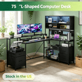 thumbnail image 1 of Sioweci L Shaped Gaming Desk with Drawers, Hutch, Led Lights | Computer Corner Desk with File Drawer, Storage Shelves for Home Office, Gaming Two Person Desk with Power Outlet, Black, 1 of 9