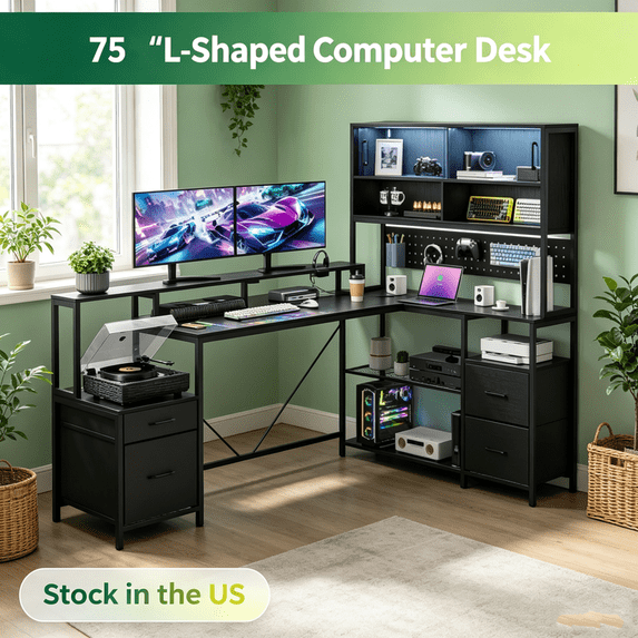 Sioweci L Shaped Gaming Desk with Drawers, Hutch, Led Lights | Computer Corner Desk with File Drawer, Storage Shelves for Home Office, Gaming Two Person Desk with Power Outlet, Black
