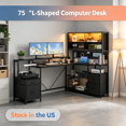 thumbnail image 1 of Sioweci L Shaped Gaming Desk with Storage Shelves & Monitor Stand,Corner Computer Desk with LED Light, Built-In 3 Ac 2 USB Power Outlets,Black, 1 of 2