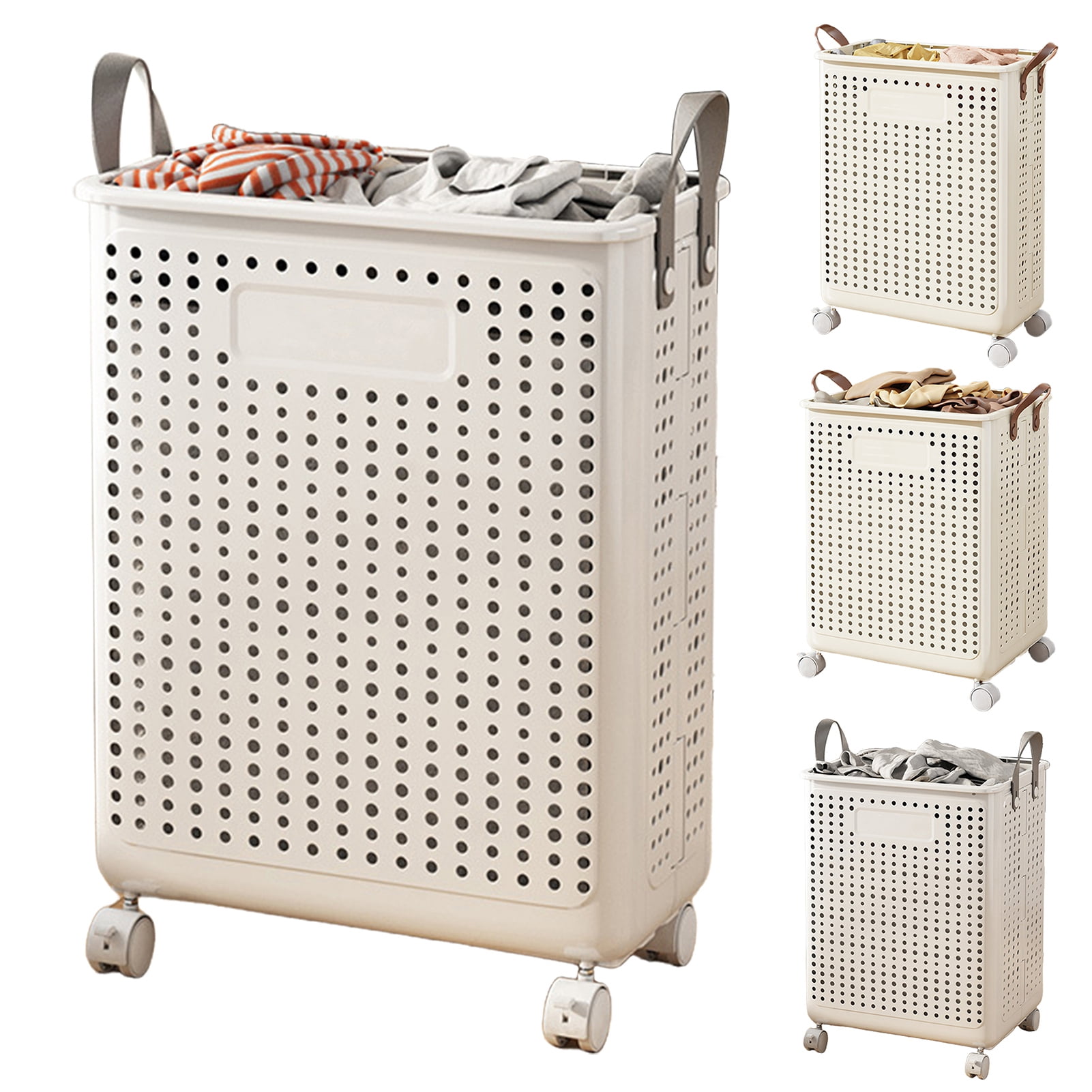 Sioweci Laundry Basket,Large Capacity Dirty Clothes Hamper Laundry Basket with Wheels and Breathable Mesh Holes,Handle Design Waterproof,White,15" x 8.7" x 17.9",1 Pc
