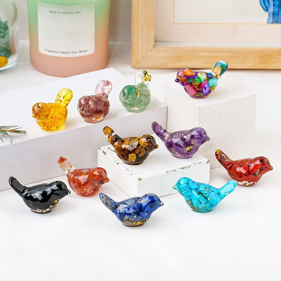 Sioweci Natural Stone Colorful Bird Figurine Positive Healing Energy Hand-carved Faux Crystal Mini Bird Statue Home Office Desktop Decoration Ornament Style E