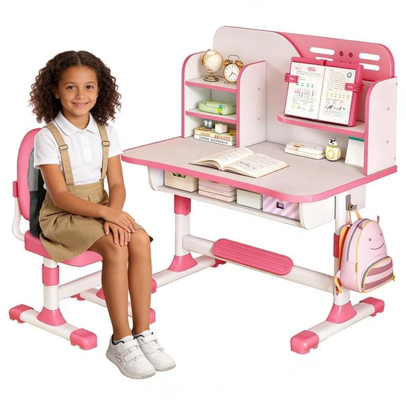 Sioweci New Updated Kids Desk and Chair Set, Height Adjustable Astronaut Pattern Children School Desk with Shelf & Large Drawers, Kids Writing Study Table for Boys Girls,Pink