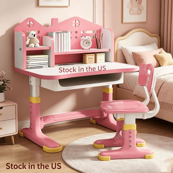 Sioweci New Updated Kids Desk and Chair Set, Height Adjustable Pattern Children School Desk with Shelf & Large Drawers, Kids Writing Study Table for Boys Girls