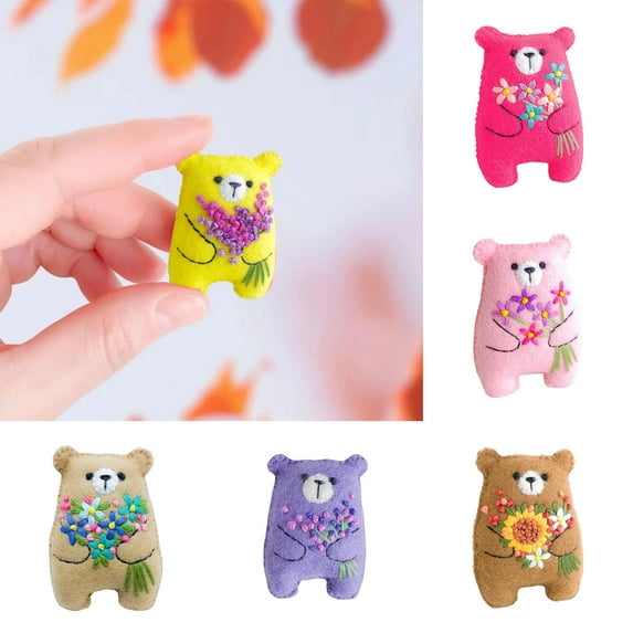 Sioweci Pocket Hug Flower Bear Doll Handmade Felt Floral Bouquet Little Bear Plushie Toy Decoration Desktop Ornament Birthday Christmas Gift Purple