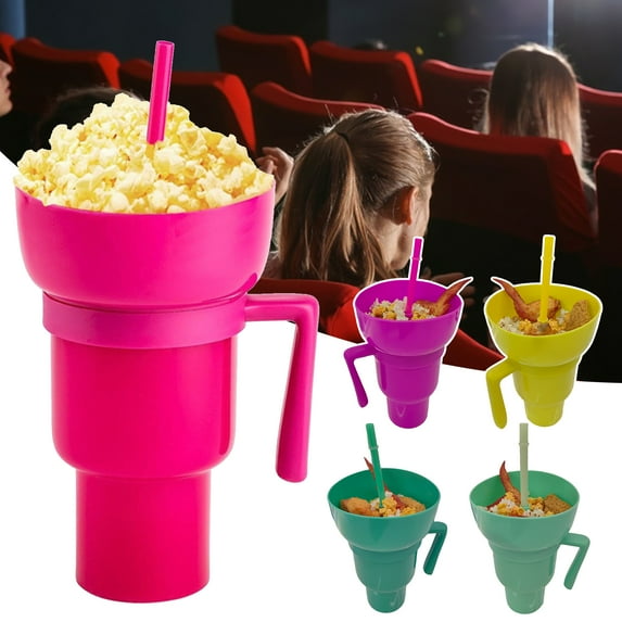 Sioweci Popcorn Drink Cup Stadium Tumbler with Snack Bowl with Straw Leakproof Snack Cup Reusable Cinema Beverage Popcorn Cup Rose Red