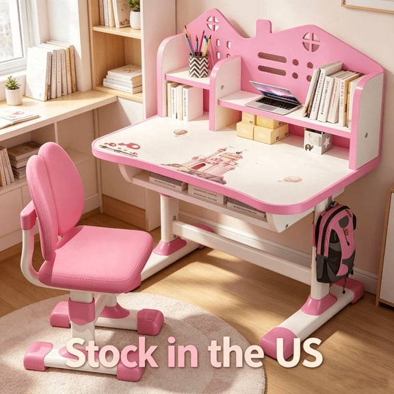 Sioweci Children's Study Desk and Chair Set, Height Adjustable Ergonomic Table and Chair Set, Spacious Desktop,Drawer Storage,Kids School Drawing Desk Chair Set for Boys and Girls,Pink