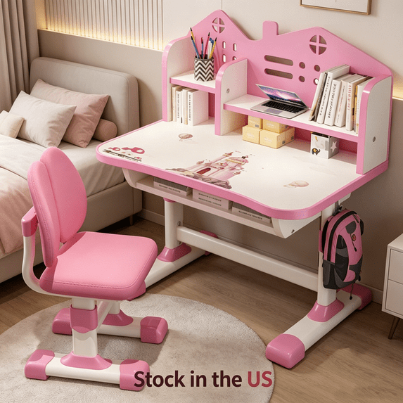 Sioweci Small Desk, Desk Chair Set, Widened Desktop Multi Separation Cartoon Pattern Kids Adjustable Height Study Table with Drawer