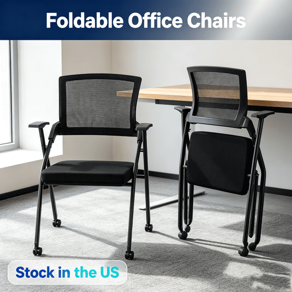 Sioweci Stackable Conference Room Chair with Wheels, Folding Office Chair with Back, 300 lb Capacity, Black – Ideal for Training, Guest, Reception & Event Seating