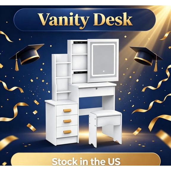 Sioweci Vanity Desk with Mirror and Lights, White (with Stool),Makeup Table with 4 Storage Drawers, Bedroom Dresser LED Mirror Stepless Dimmable & 3 Color Lighting Modes Adjustable